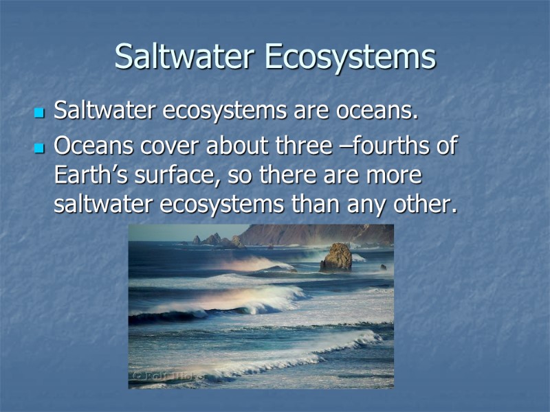 Saltwater Ecosystems Saltwater ecosystems are oceans. Oceans cover about three –fourths of Earth’s surface,